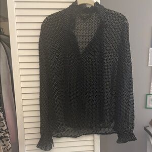 Saloni Black Silk Blend with Velvet Dot Tie Neck Ruffle Collar Women's Blouse 2